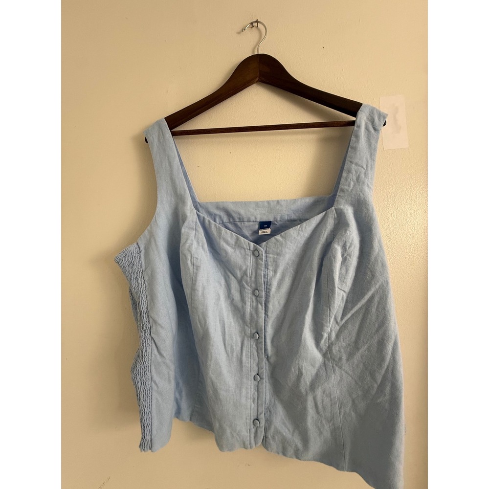 Old Navy Womens 3X Light Blue Linen Blend Smocked Button Front Cami Top